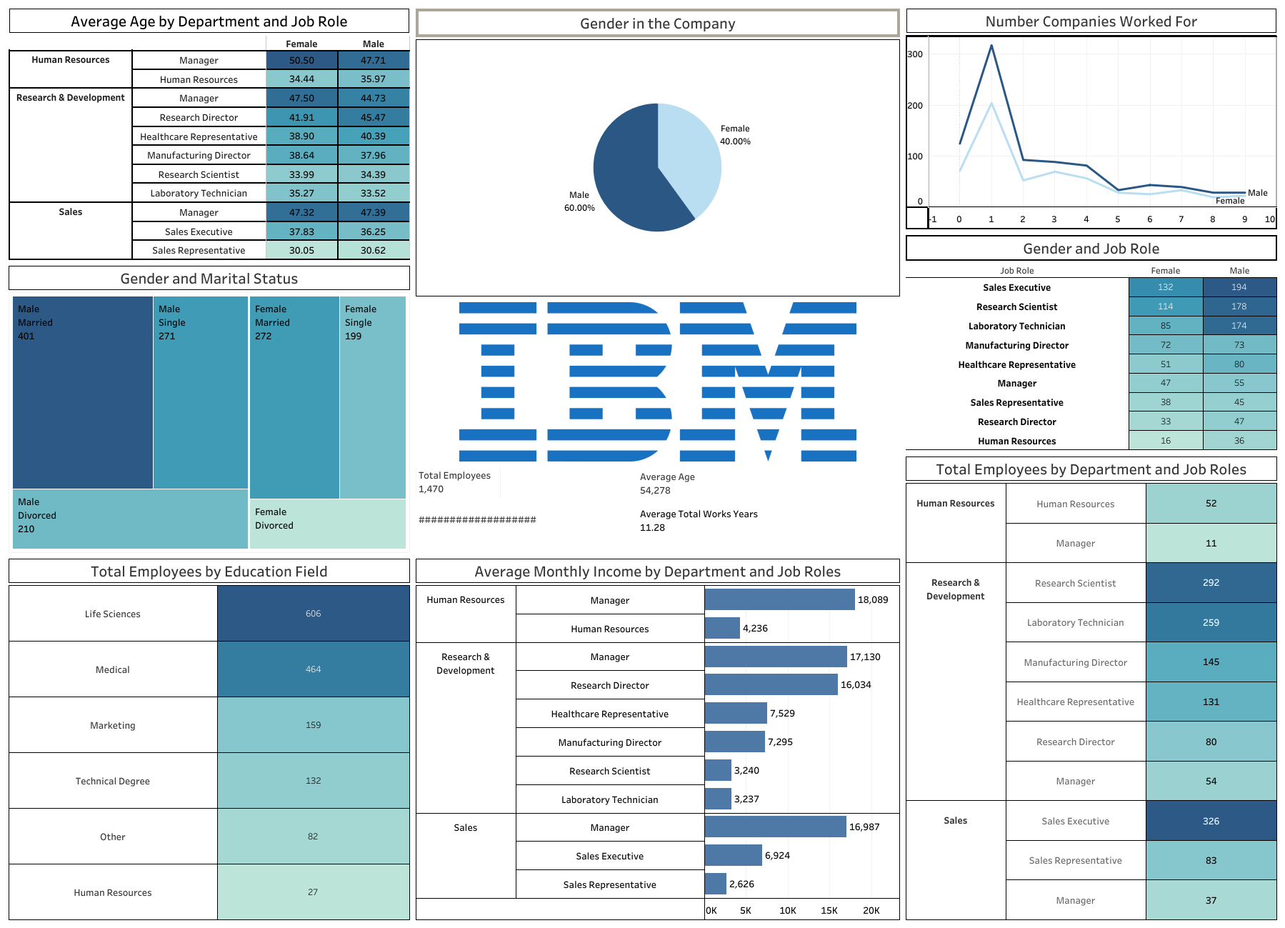 IBM company job roles and experience statistics Tableau dashboard
