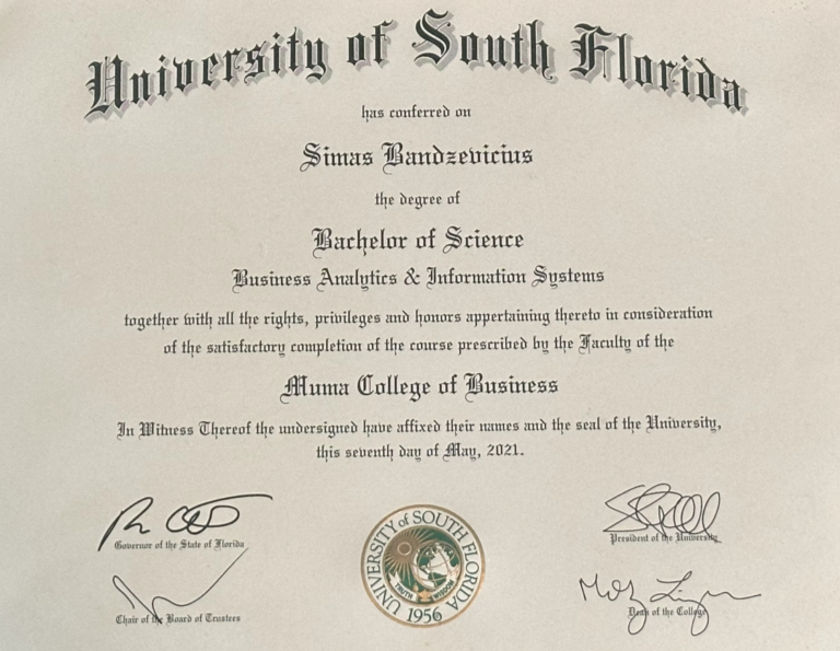 Diploma: Bachelor of Science in Business Analytics and Information Systems, University of South Florida, Muma College of Business, May 2021